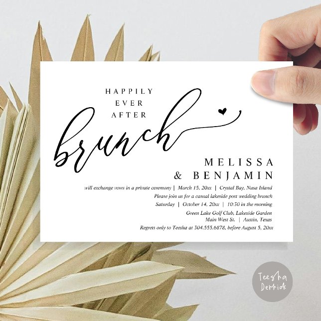 Convites Felizmente Depois Do Alopemento De Casamento De Br (Happily Ever After Brunch, Modern Romantic Heart Wedding Elopement Card, PDF, in Black and White)