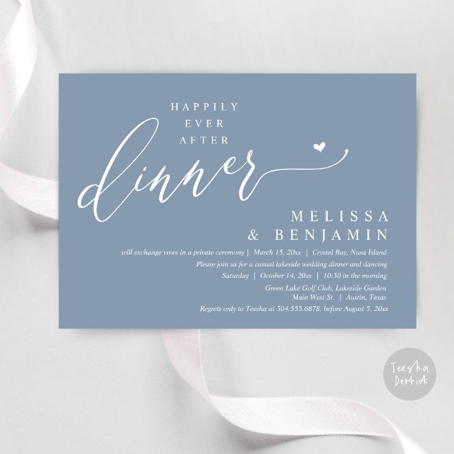 Convites Felizmente Depois do Coração de Casamento Jante (Happily Ever After Dinner Invitation Card, PDF, Romantic Wedding Elopement, Lovely Heart, Dusty Blue)