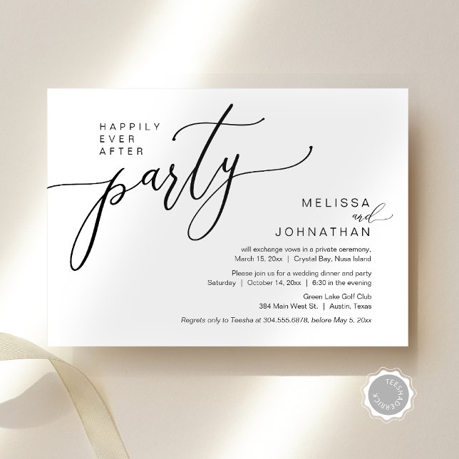 Convites Felizmente Depois Do Festa De Janto De Elopemento  (Happily Ever After Wedding Elopement Dinner Party Invitation Card, Downloadable, Modern Romantic)