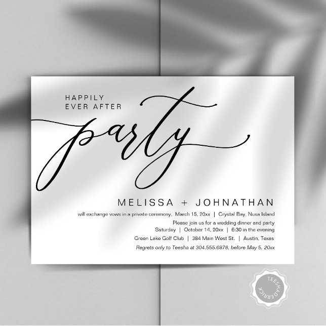 Convites Felizmente Depois Do Festa De Janto De Elopemento  (Happily Ever After Wedding Elopement Dinner Party Invitation Card, editable downloadable, modern)