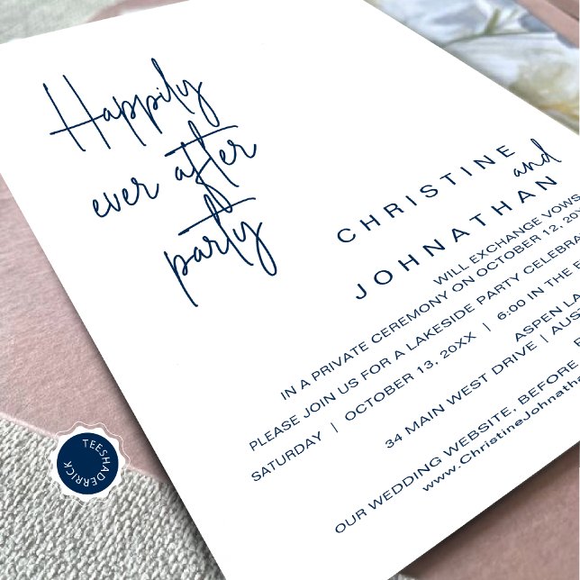 Convites Felizmente Depois Do Festa De Janto De Elopemento  (Happily Ever After Wedding Elopement Dinner Party Invitation Card, Navy Blue Scheme, Downloadable)