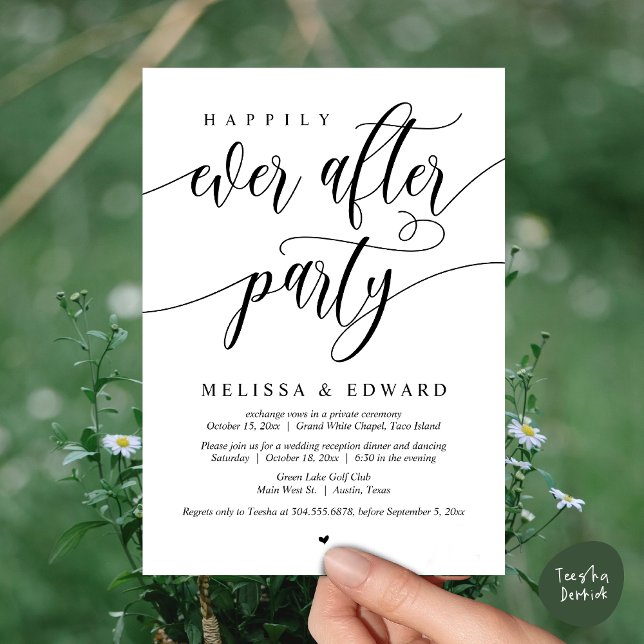 Convites Felizmente Depois Do Festa De Janto De Elopemento  (Wedding Happily Ever After Party Dinner Brunch Elopement Invitation Card, PDF, White Black)