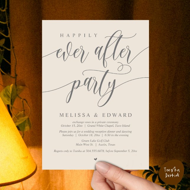 Convites Felizmente Depois Do Festa De Janto De Elopemento  (Wedding Happily Ever After Party Dinner Brunch Elopement Invitation Card, PDF, Cream Grey)
