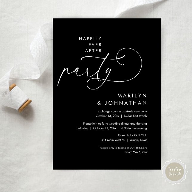 Convites Felizmente Depois Do Festa De Janto De Elopemento  (Happily Ever After Party, Modern Minimalist Wedding Dinner Invitation Card, PDF, classy black)