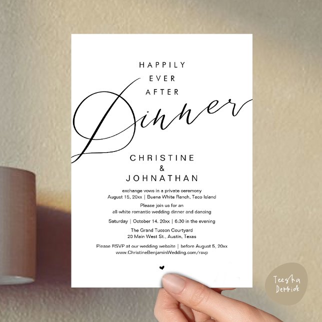 Convites Felizmente Depois do Janta, casamento romântico mo (Happily Ever After Dinner, Modern Romantic Wedding Invites Card, PDF, Minimalist Clean, White Black)