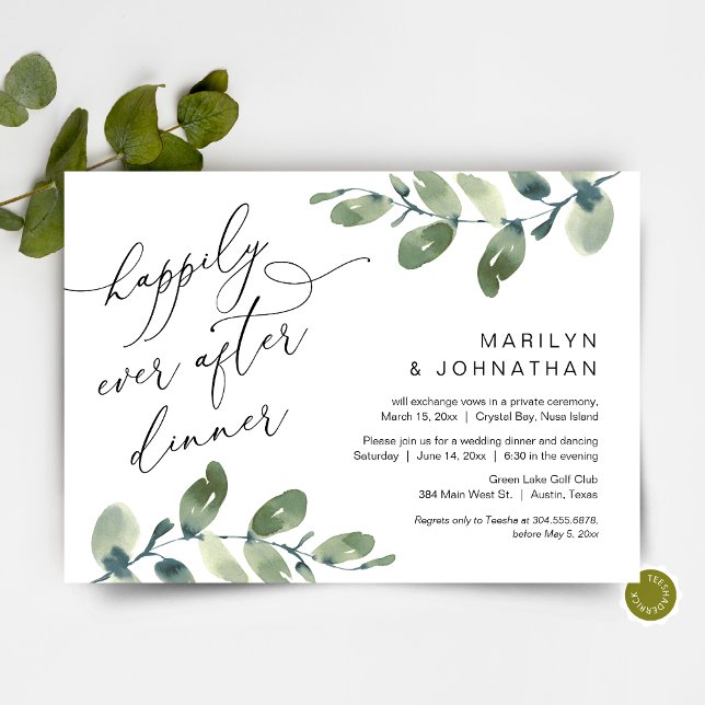 Convites Felizmente Depois Do Janta, Elopemento, Verde (Happily Ever After Dinner, Elopement Party Invitation Card, Greenery Eucalyptus, Digital Download)