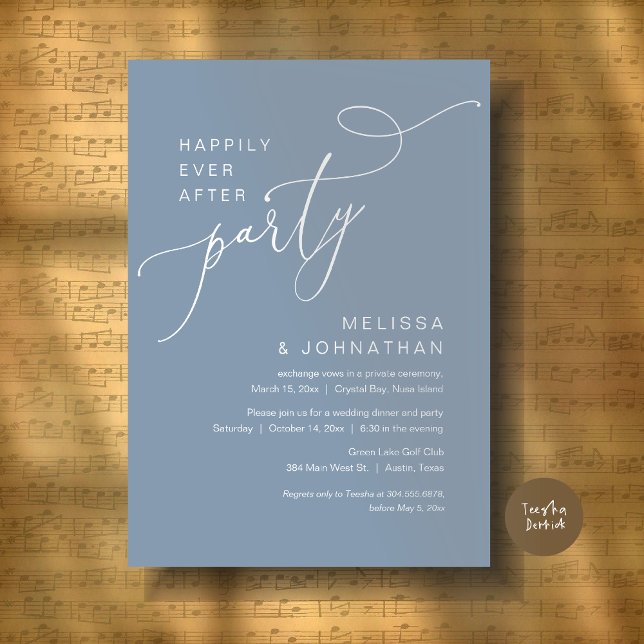 Convites Felizmente Depois do Janto de Casamento de Festa D (Happily Ever After Party, Romantic Wedding Dinner and Dancing Invitation Card, PDF, in Dusty Blue)