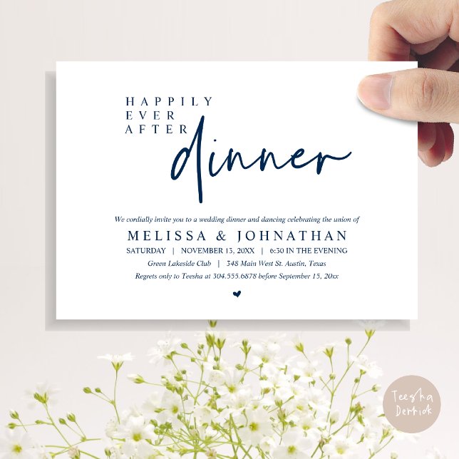 Convites Felizmente Depois do Janto de Casamento e Dança (Happily Ever After Party, Modern Wedding Dinner Dancing Party Invitation Card, PDF, Navy Blue)