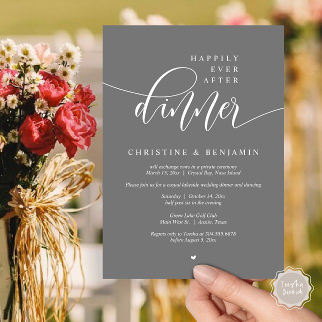 Convites Felizmente Depois Do Janto, Elopemente O Script Mo (Happily Ever After Dinner, Modern Wedding Elopement Party Invitation Card, PDF, Dark Grey)