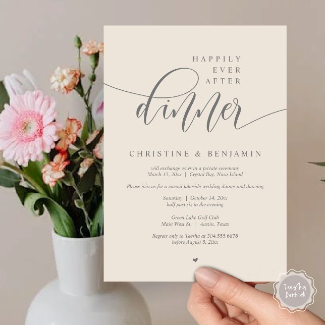 Convites Felizmente Depois Do Janto, Elopemente O Script Mo (Happily Ever After Dinner, Modern Wedding Elopement Party Invitation Card, PDF, Dark Grey Cream)