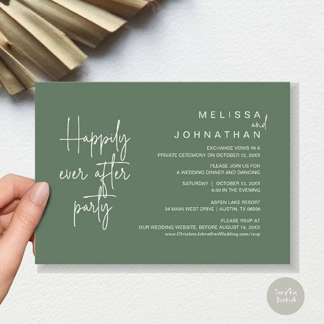 Convites Felizmente Depois Do Janto, Elopemento De Casament (Happily Ever After Party, Modern Wedding Elopement Dinner Invitation Card, PDF, in Sage Green)