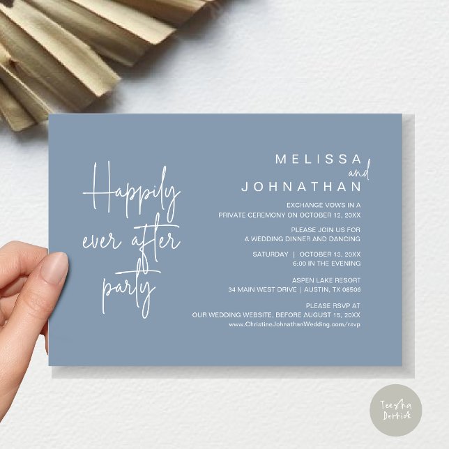 Convites Felizmente Depois Do Janto, Elopemento De Casament (Happily Ever After Party, Modern Wedding Elopement Dinner Invitation Card, PDF, in Dusty Blue)