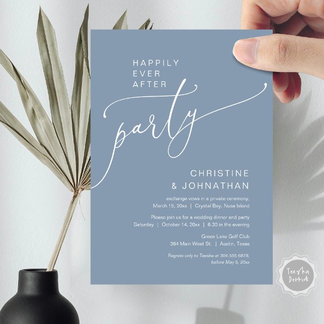 Convites Felizmente Depois Do Partido Do Elopemento De Casa (Happily Ever After Party, Modern Romantic Wedding Elopement Dinner Invitation Card, in Dusty Blue)