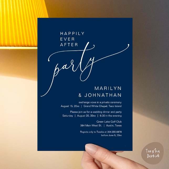 Convites Felizmente Depois Do Partido Do Elopemento De Casa (Happily Ever After Wedding Elopement Party Invitation Card, PDF, Modern Romantic, Navy Blue)