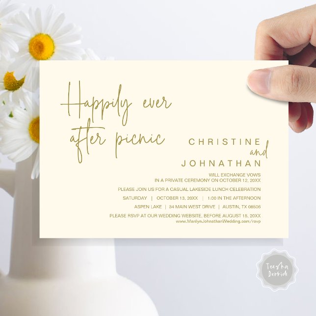 Convites Felizmente Depois Do Picnic, Do Elopemento De Casa (Happily Ever After Picnic, Wedding Celebration Invitation Card, PDF, in Yellow Gold)