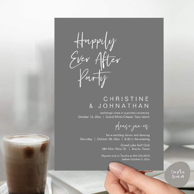 Convites Felizmente Depois, moderno Janto de casamento (Wedding Happily Ever After Party Dinner Brunch Elopement Invitation Card, PDF, Dark Grey)