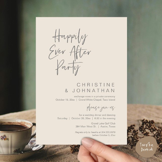 Convites Felizmente Depois, moderno Janto de casamento (Wedding Happily Ever After Party Dinner Brunch Elopement Invitation Card, PDF, Cream Grey)