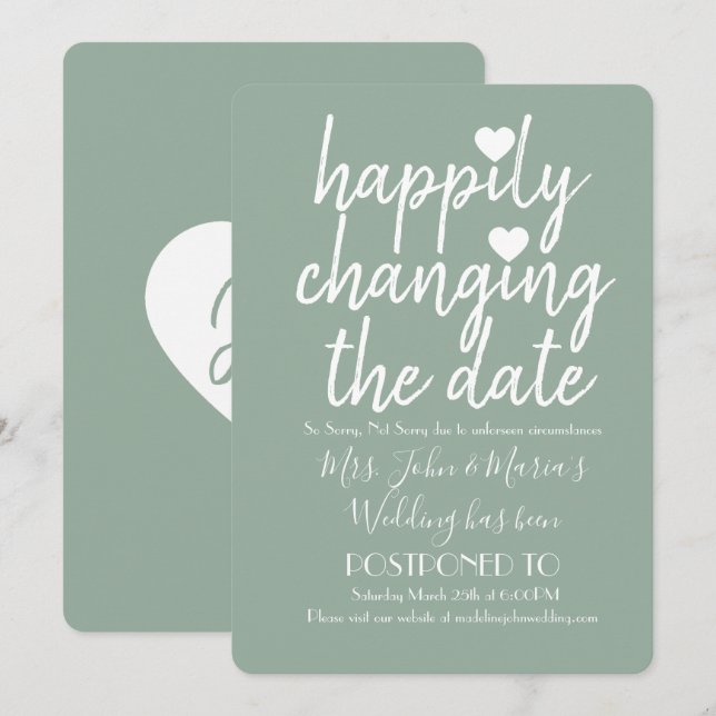 Convites Felizmente Mudando a Data Sage Verde Casamento (Frente/Verso)