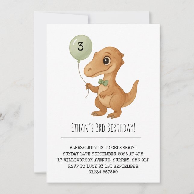 Convites Felpudo Dinossauro Marrom com Gravata Borboleta Ve (Frente)