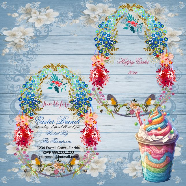 Convites Felz pascoa Brunch, aves ovinas decorativas (Happy Easter Brunch Decorative Egg Birds Floral Invitation)