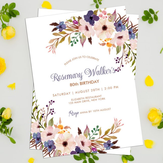 Convites Feminina Floral Adulta Feminina 80 de Aniversário  (Floral Adult Birthday Invitation Template 80th Birthday Boho Style)