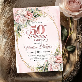 Convites Feminine Blush Floral 50th Birthday Celebration 