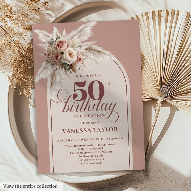 Convites Feminine Boho Dusty Rose Pampas Floral 50 Birthday (Feminine Boho Dusty Rose Pampas Floral 50th Birthday)