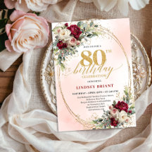 Feminine Boho Floral Burgundy 80th Birthday Invite