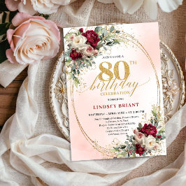 Convites Feminine Boho Floral Burgundy 80th Birthday Invite