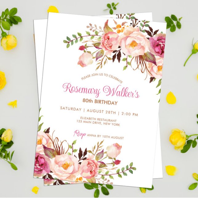 Convites Feminine Boho Pink Peony Floral 80 Aniversário (Floral Peony Adult 80th Birthday Invitation)