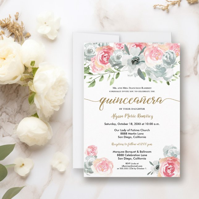 Convites Feminine Boho Watercolor Floral Quinceanera (Roses watercolor quinceanera invitation)