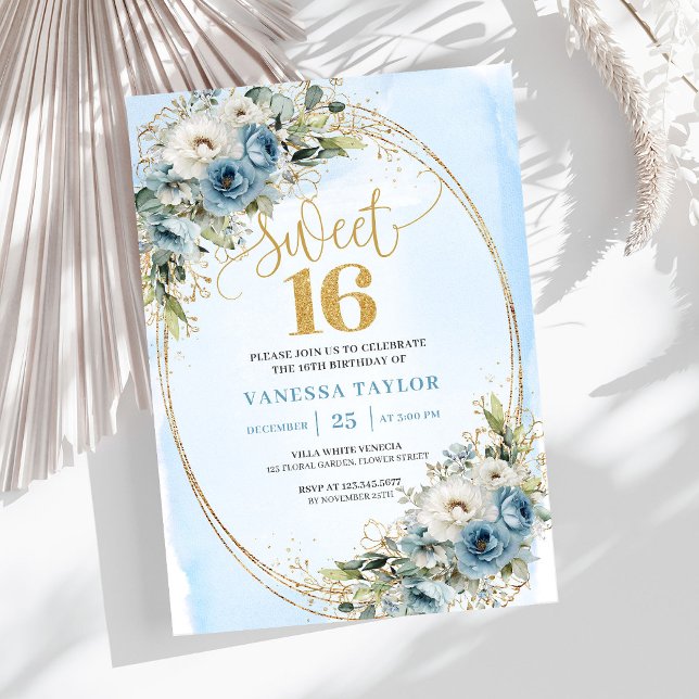 Convites Feminine Dusty Blue Floral Sweet Sixteen Invite (Feminine Dusty Blue Floral Sweet Sixteen Invitation)