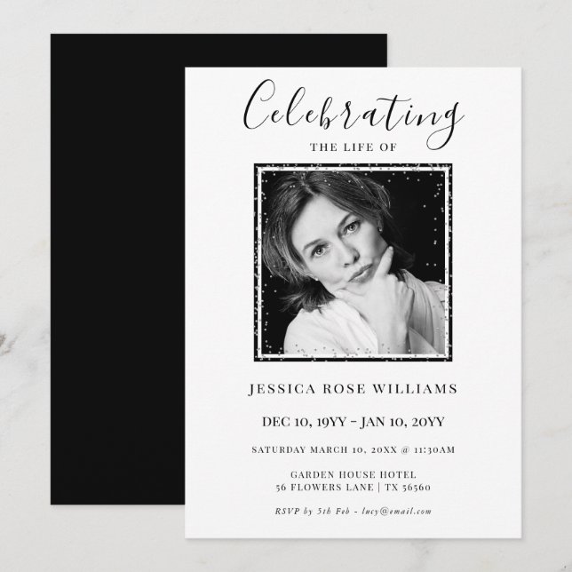 Convites Feminine Photo "Celebrating The Life Of"  (Frente/Verso)