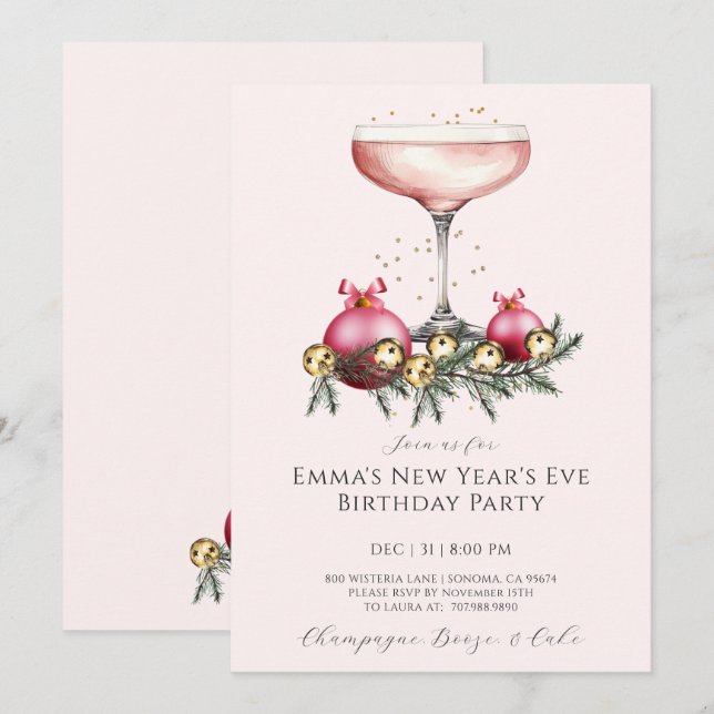 Convites Feminine Pink Champagne New Years Eve Birthday  (Frente/Verso)
