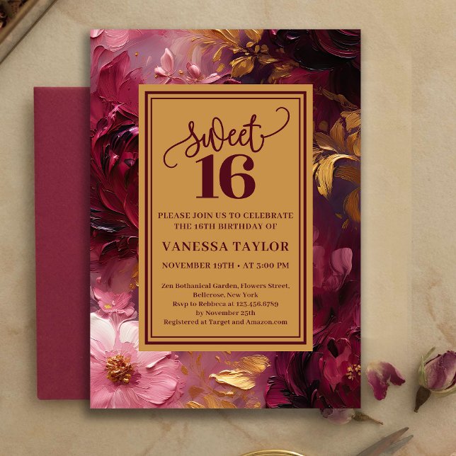Convites Feminine Sweet Sixteen Burgundy Floral Gold Invite (Feminine Sweet Sixteen Burgundy Floral Gold Invite)