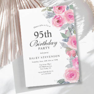 Convites Feminino Rosa Floral Chic Aniversário de 95 anos