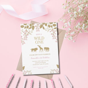 Convites Fera de 1 ano Rosa e Dourado Aniversariante