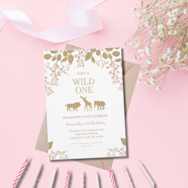 Convites Fera de 1 ano Rosa e Dourado Aniversariante (Criador carregado)