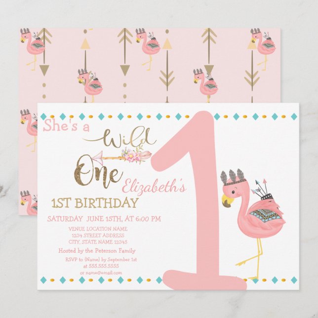 Convites Fera, Flechas, Flamingo Rosa Primeiro Aniversário (Frente/Verso)