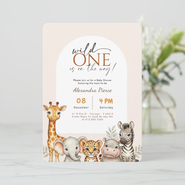 Convites Fera Fofa Chamada Animais de Safari Chá de Bebê (Em pé/Frente)