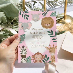 Convites Fera Menina Safari Rosa Aniversário de 1 ano