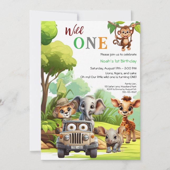 Convites Fera Pequena Animais da Selva Aniversário de 1 Ano (Frente)