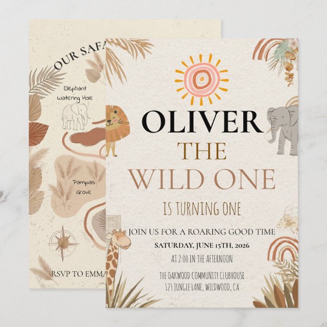 Convites Fera Solitária - Boho Safari Primeiro Aniversário (Frente/Verso)
