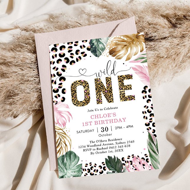 Convites Fera Solta Leopardo Rosa Animais de Festa de 1º An (Criador carregado)