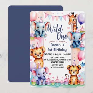Convites Fera Um Animais Fofos Balão cupcake 1º Aniversário