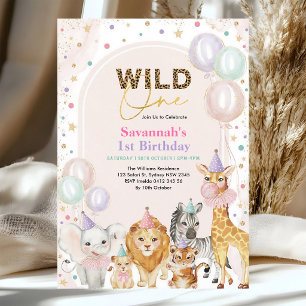 Convites Fera Um Safari Menina 1º Aniversário Rosa Dourado