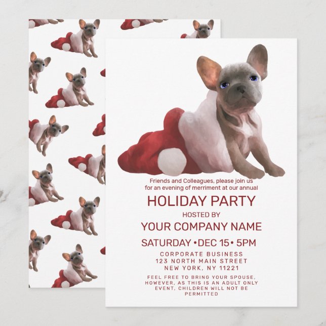 Convites Feriado Corporativo Red French Bulldog Santa Hat (Frente/Verso)