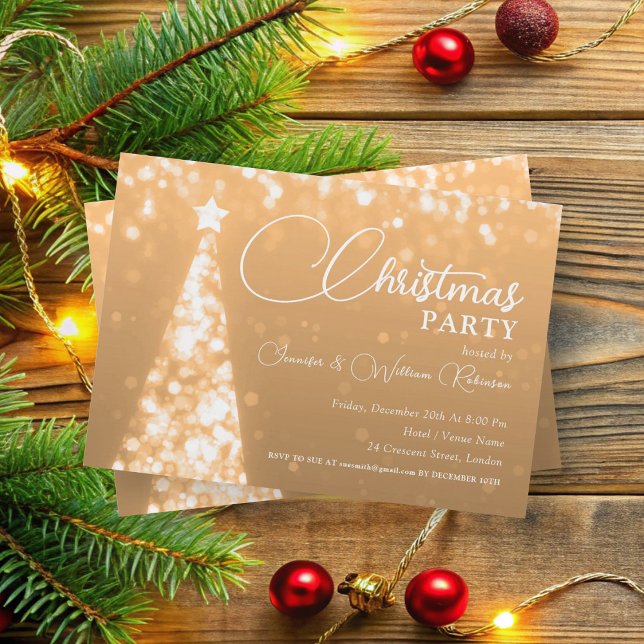 Convites Feriado da Árvore Xmas Dourada Elegante de Shimmer (Elegant Rose Gold Shimmering Xmas Tree Holiday Invitation)