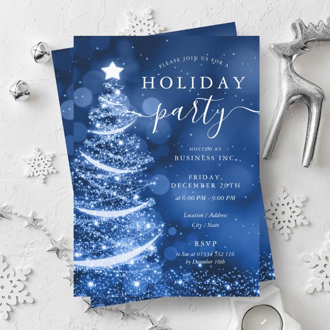 Convites Feriado da Companhia de Árvore de Natal Azul Elega (Elegant Blue Christmas Tree Company Holiday Invitation)