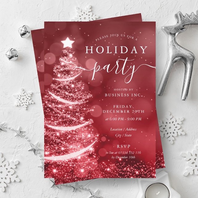 Convites Feriado da Companhia de Árvore de Natal Elegante R (Elegant Red Silver Christmas Tree Company Holiday Invitation)